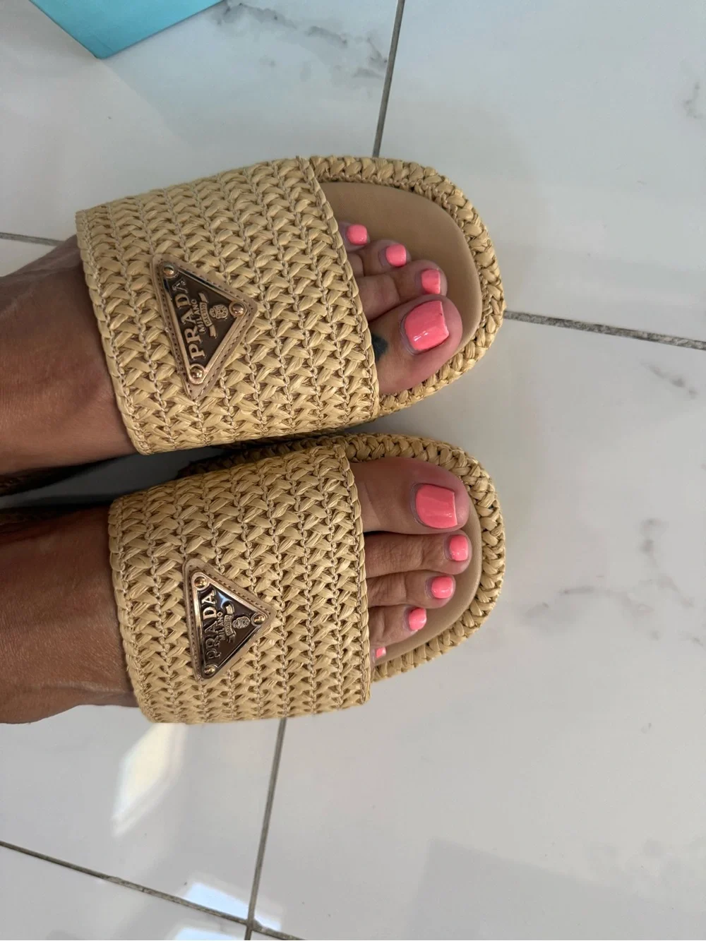 Beige Woven Slide Sandals